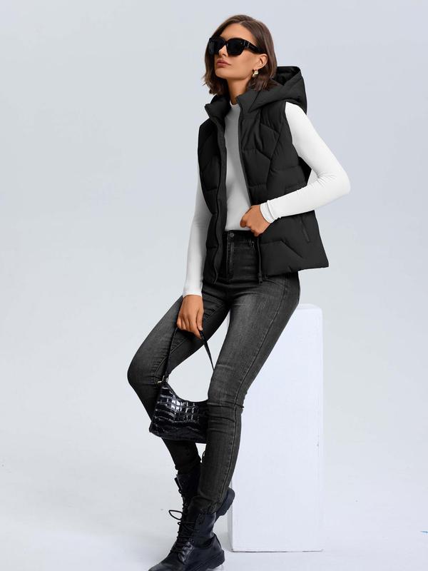 Women's Solid Quilted Hooded Vest Jacket, Casual Puffer Sleeveless Outerwear for Fall & Winter, Women's Clothes for Daily Wear