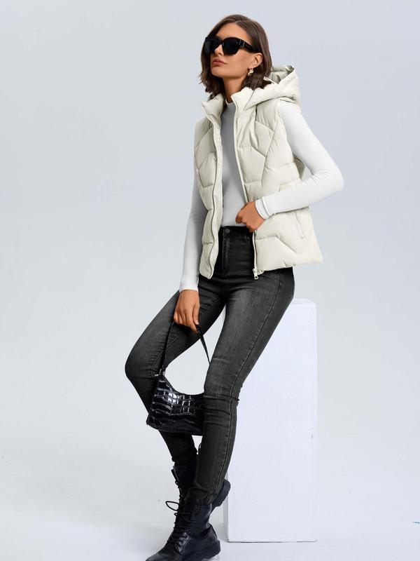 Women's Solid Quilted Hooded Vest Jacket, Casual Puffer Sleeveless Outerwear for Fall & Winter, Women's Clothes for Daily Wear