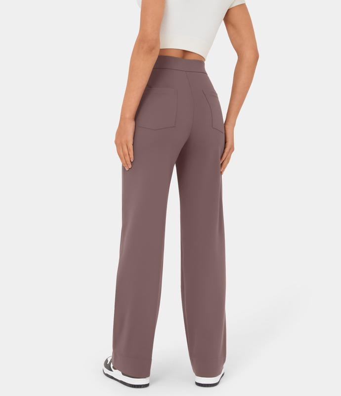 High Waisted Button Multiple Pockets Straight Leg Casual Pants