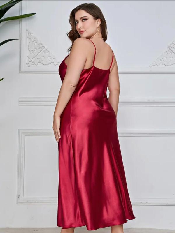 Plus Size Plain Cowl Neck Backless Satin Cami Nightdress, Casual Comfy Adjustable Spaghetti Strap Nightgown, Women's Sleepwear for Summer