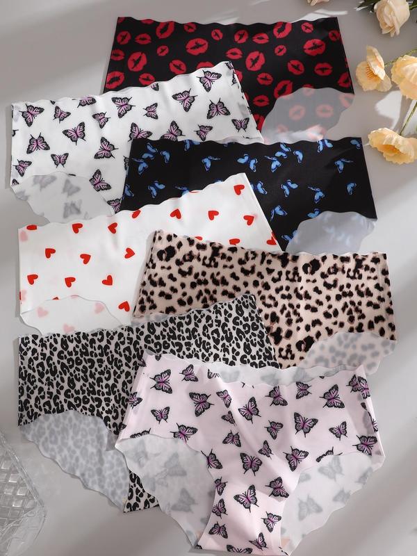 Women's Butterfly & Heart Print Scallop Knicker, Breathable Comfortable Seamless Panty, Soft Underwear for All Seasons  Granny Pants