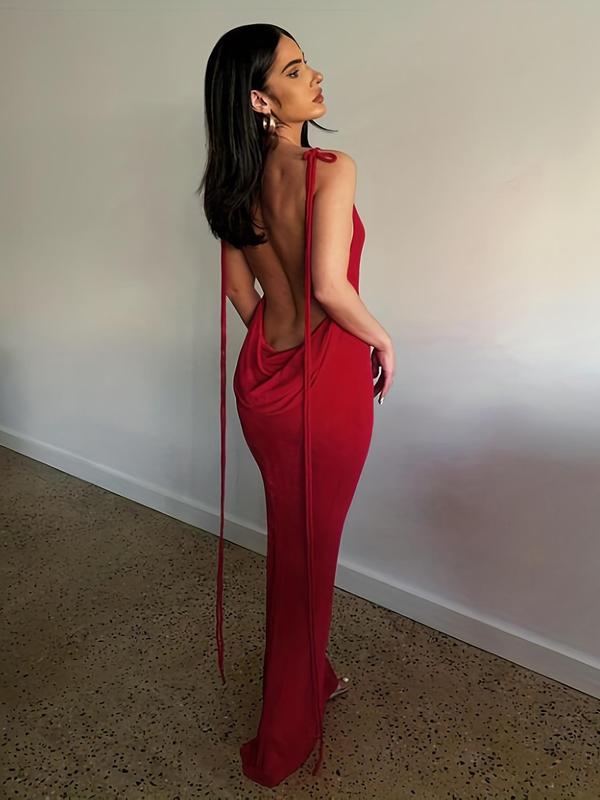 Women's Solid Backless Draped Bodycon Dress, Street Fashion Spaghetti Strap Long Dress for Party Club Dating Wear, Ladies Summer Clothes