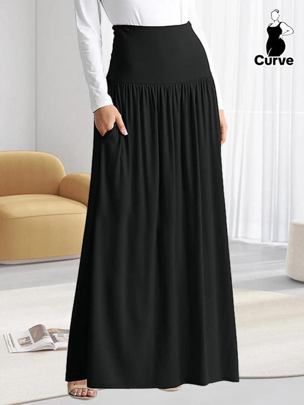  Solid Ruched Pocket High Waist Maxi Skirt, Casual Comfy Skirt for Daily Wear, Women's Bottoms for All Seasons