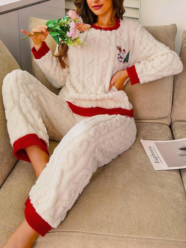 Two-piece Set Women's Christmas Embroidery Contrast Binding Flannel Pajama, Casual Soft Comfortable Long Sleeve Top & Pants, Women's Sleepwear for Fall & Winter