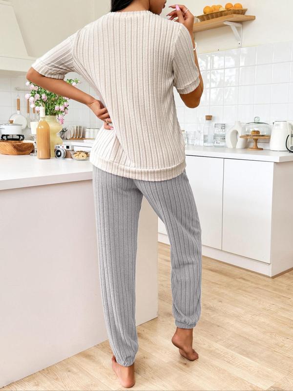 Women's Ribbed Pajama Set, Casual Heart Patchwork Embroidery Sleep Top & Plain Elastic Waist Pj Pants, Loungewear Summer Clothes Women, Lady Shortsleeve Homewear, Lounge Set, Comfort Sleepwear Set for Womenswear