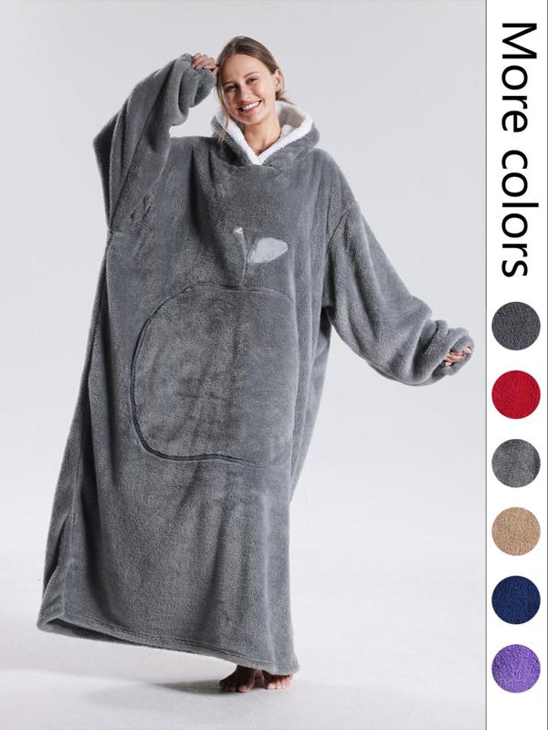Women's Solid Pocket Hooded Flannel Lounge Robe, Casual Drop Shoulder Longsleeves Robe, Oversized Blanket Hoodie Loungewear, Giant Wearable Blanket, Sherpa Fleece Wearable Blanket with Big Pocket, Women's Sleepwear for Fall & Winter, Fluffy Pajamas
