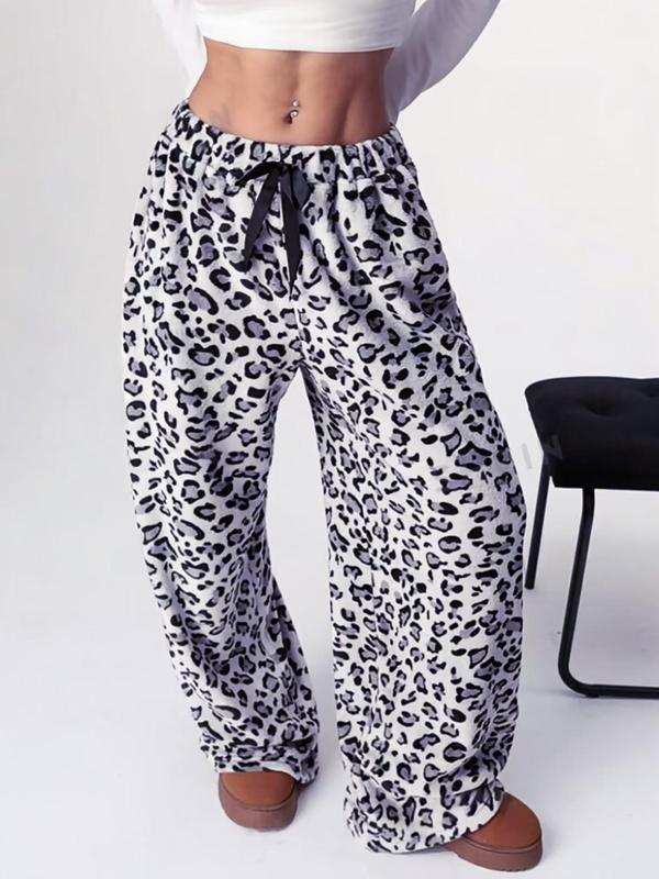 Women's Leopard Print Drawstring Waist Wide Leg Pants, Casual Comfy Straight Leg Fuzzy Trousers for Daily Wear, Ladies Bottoms for Fall & Winter