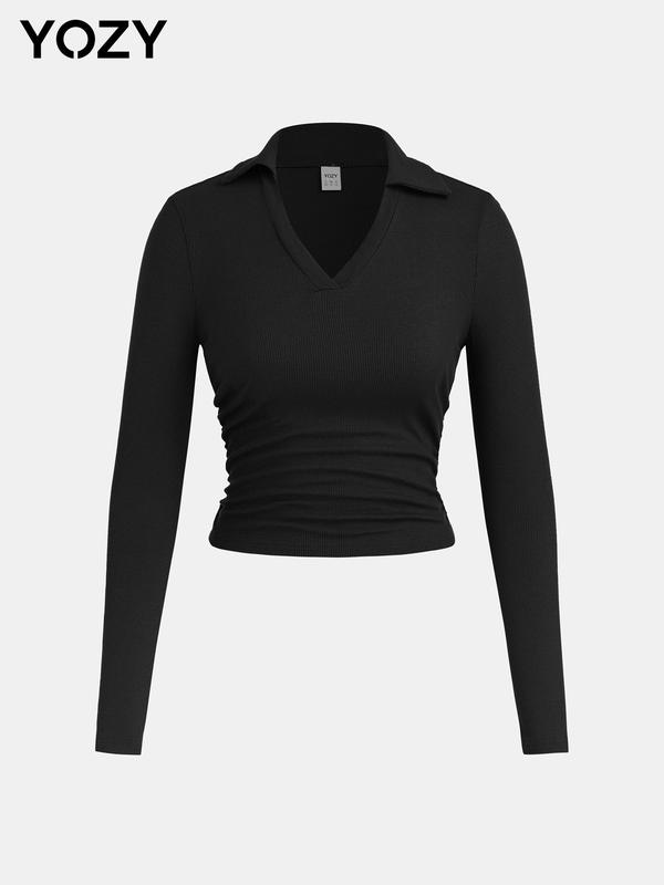 YOZY Christmas Deals, Women's Plain Ruched V Neck Ribbed Tee, Casual Long Sleeve Collared Top for Daily Wear, Ladies Clothes for Spring & Fall, Christmas 2024 Trend, Fall & Winter Clothes