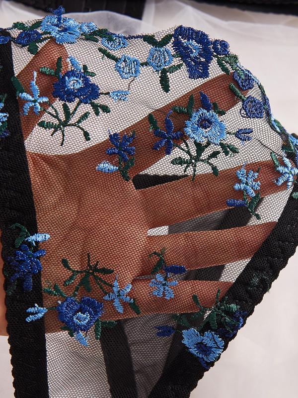  Ditsy Floral Embroidery Sheer Lingerie Two-Piece Set, Adjustable Strap Push Up Bra & Thong Set, Women's Lingerie Set for All Seasons