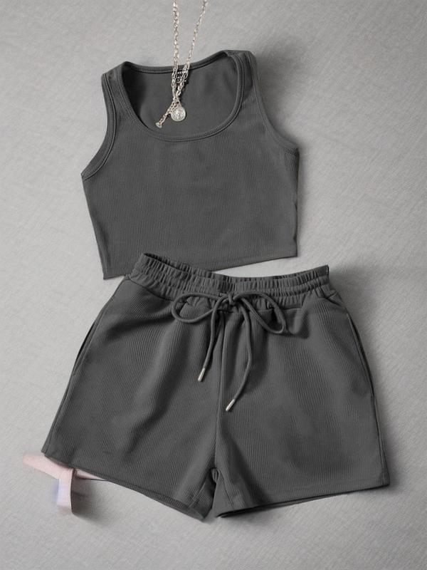 Two-Piece Set Women's Solid Crop Tank Top & Drawstring Waist Shorts Set, Casual Sleeveless Ribbed Crop Top & Pocket Shorts for Summer, Ladies Clothes for Daily Wear, Black Girl Outfits, Black Girl Outfits
