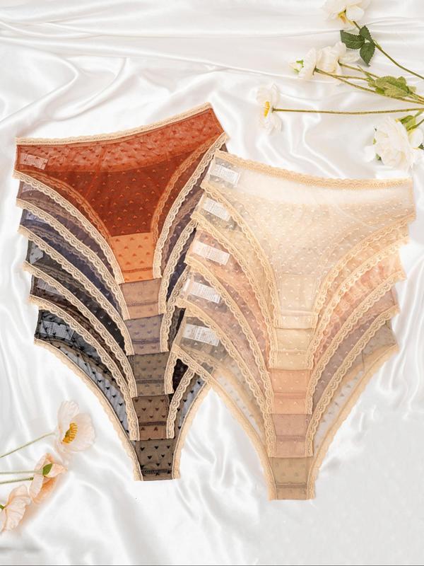 Women's 11pcs Heart Print Bow Front Contrast Lace Scallop Trim Knicker, Summer Clothes, Soft Comfy Breathable Contrast Mesh Panty for Daily Wear, Underwear for All Seasons