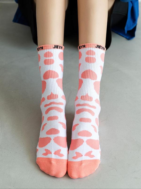 Women's Cow & Letter Print Crew Socks, Casual Moisture Wicking Socks, Soft Comfy Breathable Socks for All Seasons Daily Wear, Comfort Womenswear