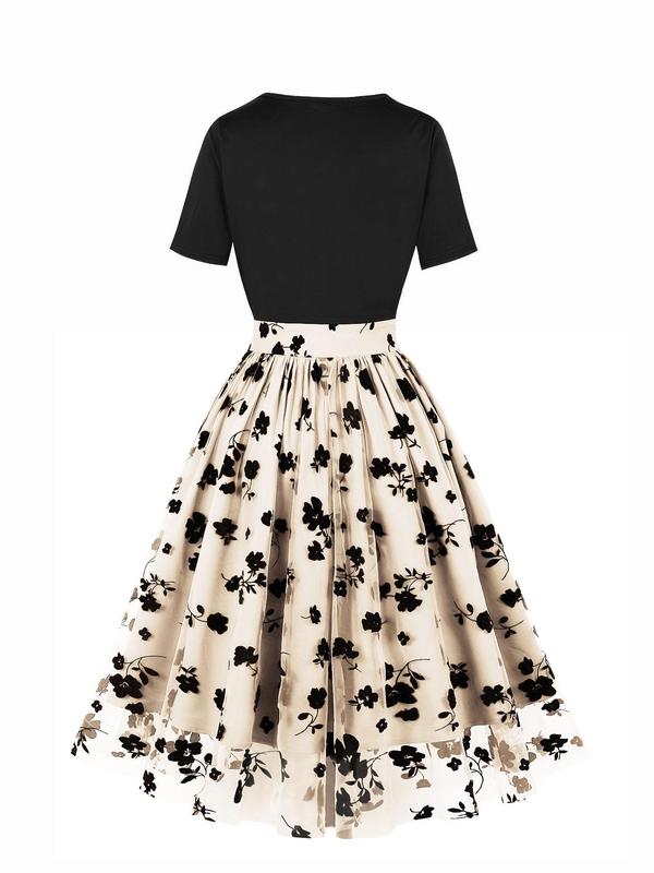 Women's Floral Patchwork Print Contrast Mesh Fit and Flare Dress, Elegant Short Sleeve Zipper Midi Dress for Party Holiday Wedding Guest, Ladies Clothes for All Seasons