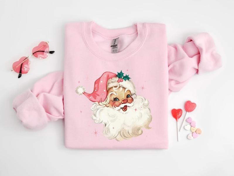 Pink Santa Retro Christmas T-Shirts Sweatshirts for Women Pink Christmas Matching Family Sweaters Pink Vintage Holiday Crewneck Group Party