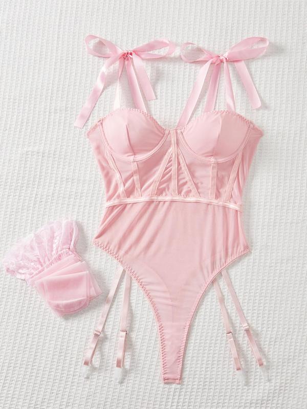 Women's Sheer Sexy Lingerie Three-Piece Set, Chic Tie Shoulder Cami Bodysuit & Contrast Lace Stockings Set, Women's Sexy Lingerie & Underwear for All Seasons