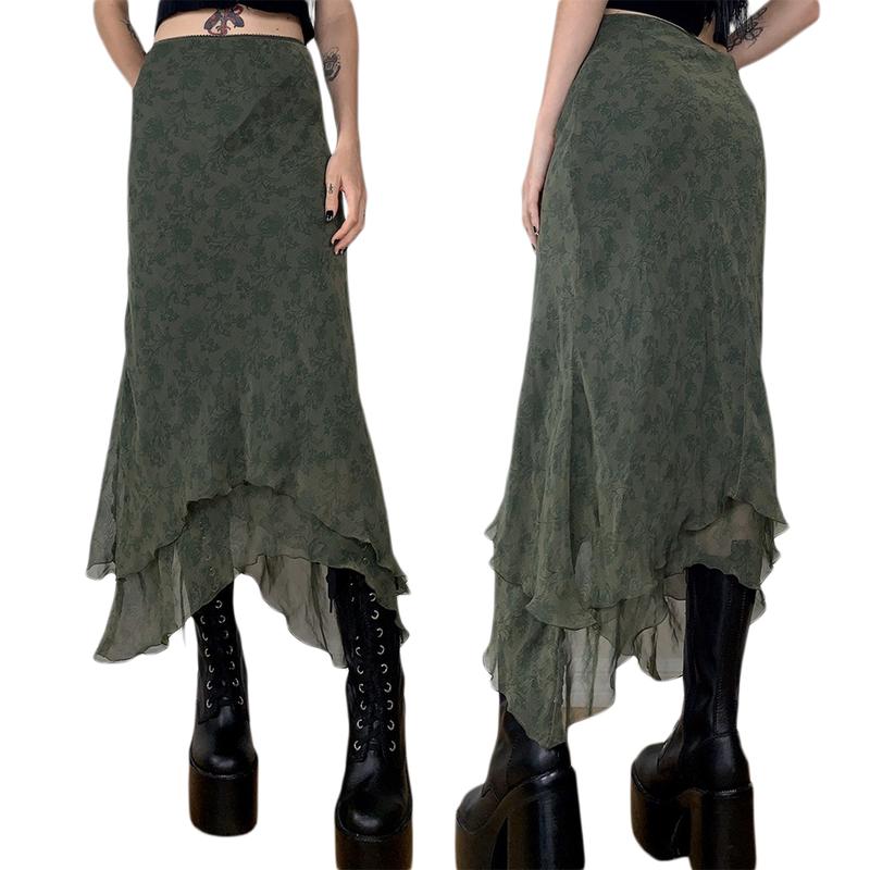 Women Y2K Fairy Grunge Midi Skirt Floral Print Vintage High Waist A Line Long Skirts Boho Fashion Streetwear
