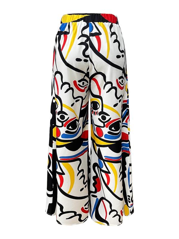 Women's All Over Print Pocket Wide Leg Pants, Fashion Casual Trousers for Daily Outdoor Wear, Women Bottoms for Summer