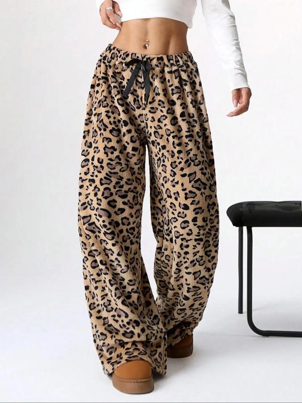 Women's Leopard Print Drawstring Waist Wide Leg Pants, Casual Comfy Straight Leg Fuzzy Trousers for Daily Wear, Ladies Bottoms for Fall & Winter
