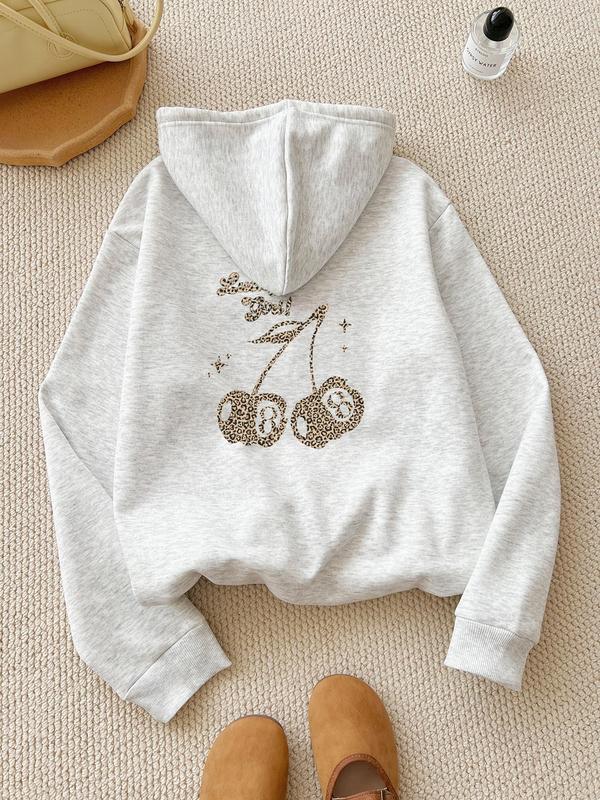 Women's Leopard Cherry & Letter Print Thermal Lined Hoodie, Casual Long Sleeve Hooded Sweatshirt for Fall & Winter, Women's Clothes for Daily Wear