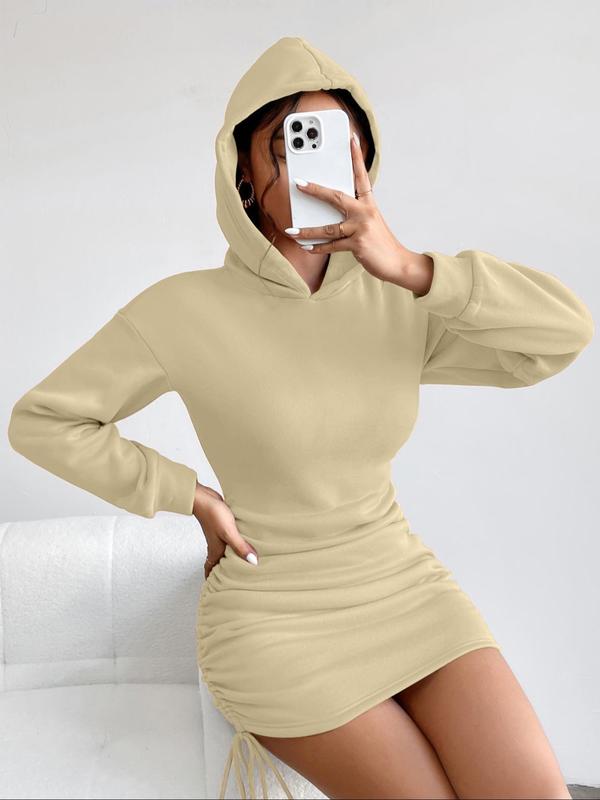 Women's Plain Ruched Drawstring Bodycon Hoodie Dress, Casual Drop Shoulder Long Sleeve Hooded Mini Dress for Daily Wear, Ladies Clothes for All Seasons