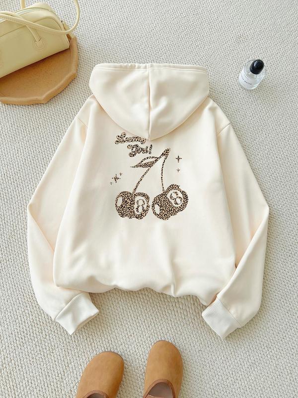 Women's Leopard Cherry & Letter Print Thermal Lined Hoodie, Casual Long Sleeve Hooded Sweatshirt for Fall & Winter, Women's Clothes for Daily Wear