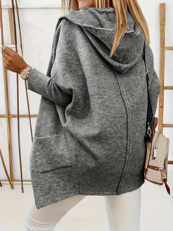 Women's Solid Color Batwing Sleeve Pocket Hooded Cardigan, Casual Long Sleeve Open Front Knitwear for Fall & Winter, Women's Knit Clothing for Daily Wear