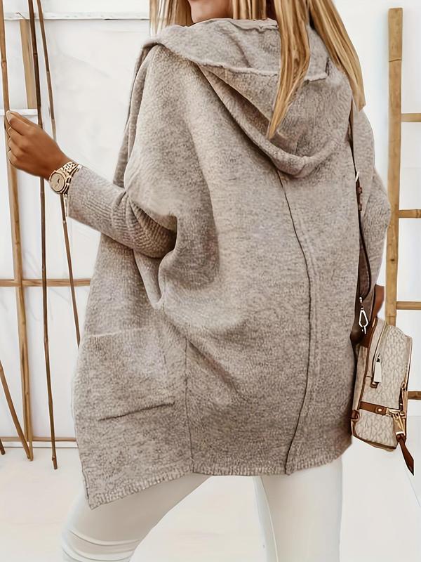 Women's Solid Color Batwing Sleeve Pocket Hooded Cardigan, Casual Long Sleeve Open Front Knitwear for Fall & Winter, Women's Knit Clothing for Daily Wear