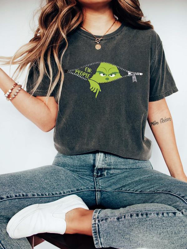 Women's Cartoon Ghost Print Round Neck Tee, Fashion Casual Drop Shoulder Short Sleeve T-shirt for Daily Wear, Ladies Clothes for All Seasons