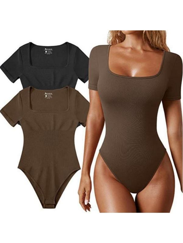 Women's Bodysuits Sexy Ribbed Square Neck Short Sleeve Bodysuits