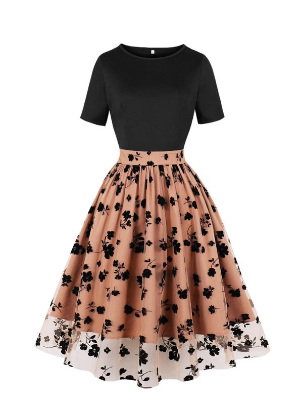 Women's Floral Patchwork Print Contrast Mesh Fit and Flare Dress, Elegant Short Sleeve Zipper Midi Dress for Party Holiday Wedding Guest, Ladies Clothes for All Seasons