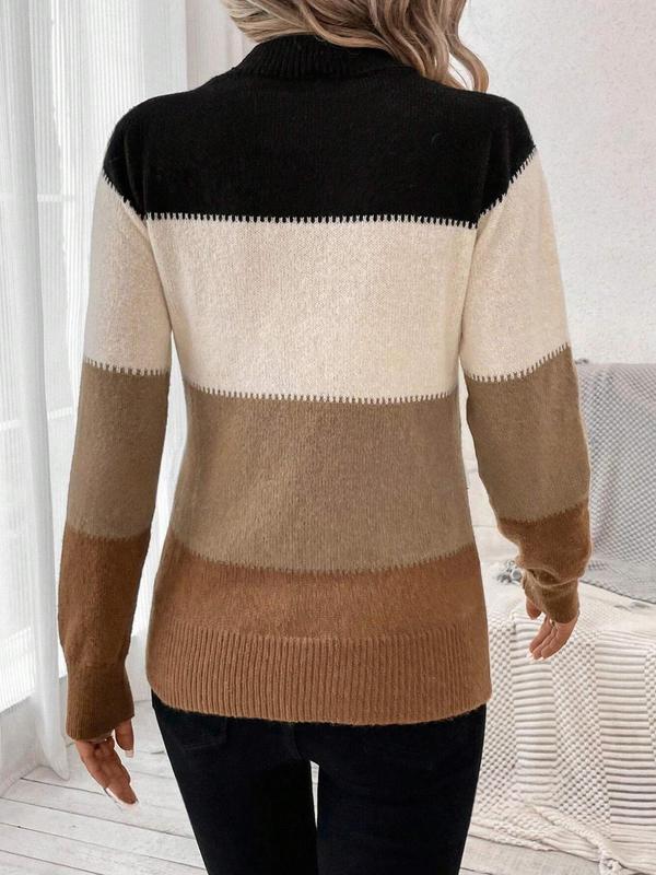 Women's Colorblock Print Mock Neck Sweater, Comfort Going Out Tops, Casual Fashion Long Sleeve Jumper for Fall & Winter, Ladies Knitwear for Daily Wear, Fall Clothes