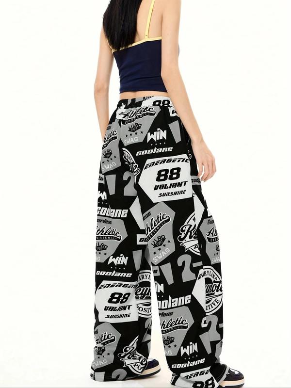 Women's All Over Print Drawstring Waist Wide Leg Sweatpants, Casual Pocket Trousers for Daily Wear, Ladies Bottoms for All Seasons