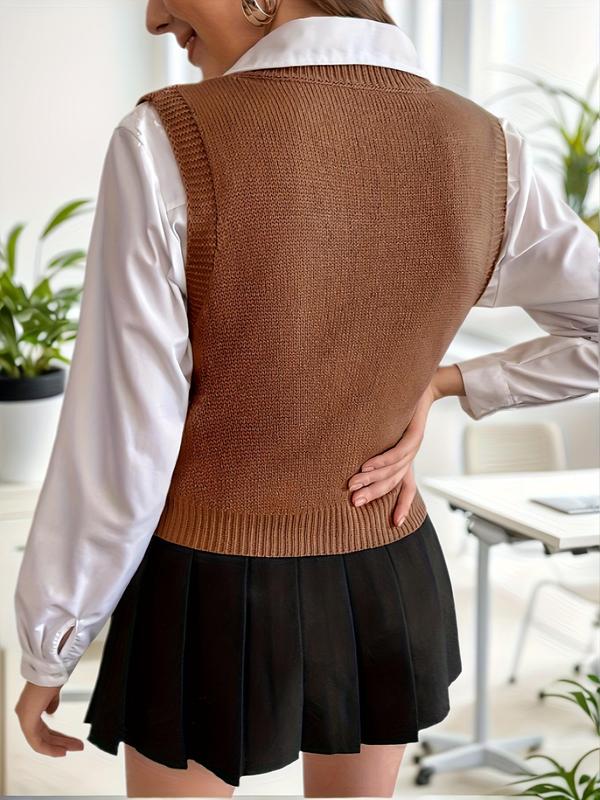 Women's Solid V Neck Cable Knit Sweater Vest, Elegant Fashion Casual Sleeveless Jumper Vest for Daily Outdoor Wear, Women Knitwear for Spring Fall