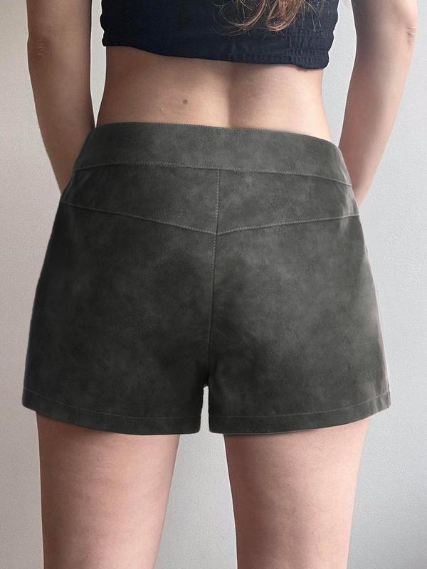 Women's Solid Color Button Fly Pocket PU Shorts, Fashion Casual Zipper Shorts for Daily Outdoor Wear, Ladies Bottoms for Summer