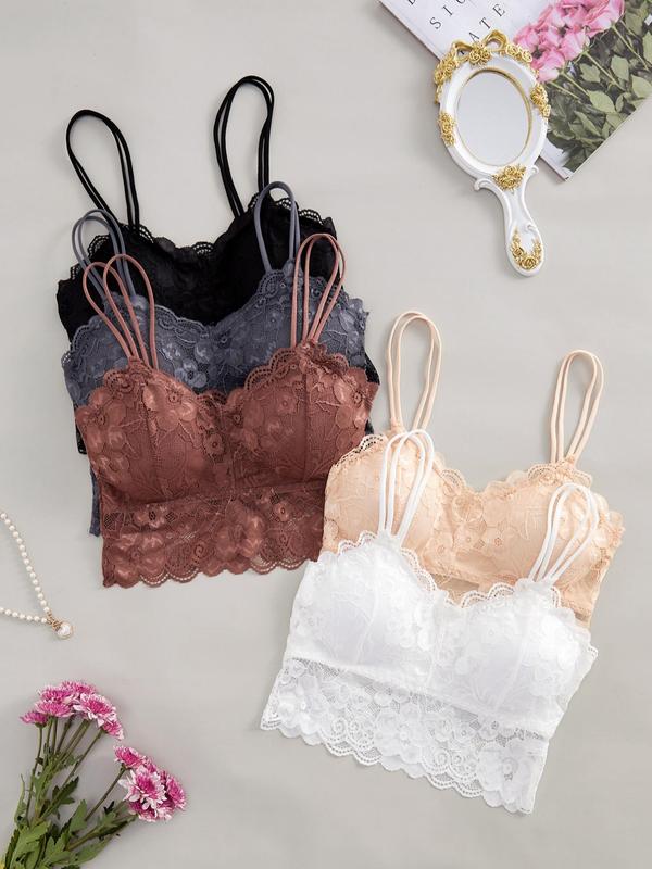 Women's Contrast Lace Scallop Trim Padded Bra, Solid Color Push Up Cami Lingerie Bra for Daily Wear, Soft Comfy Breathable Lingerie for Fall, Women's Fall Clothing Comfortable
