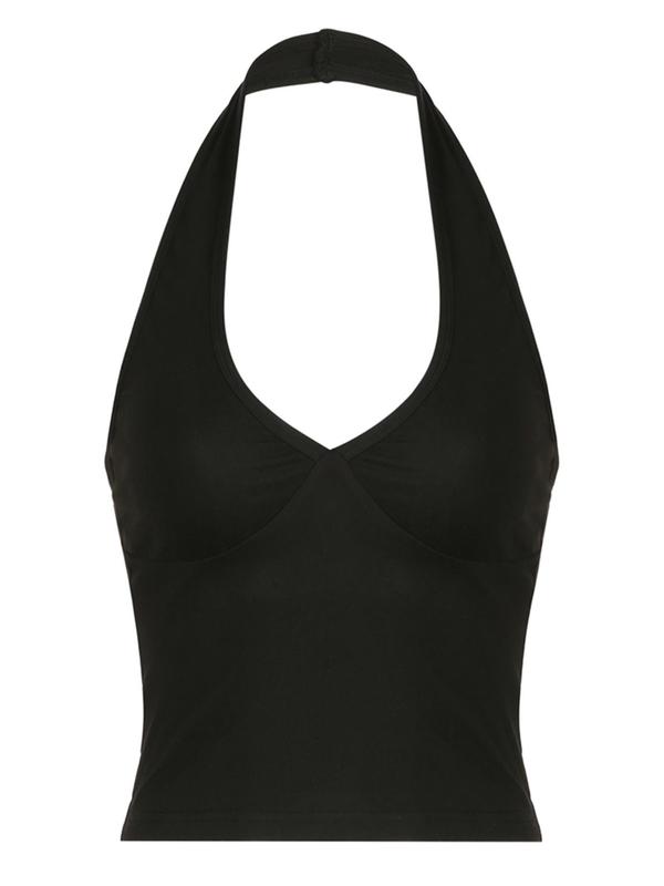 Women's Solid Backless Halter Crop Tank Top, Boho Deep V Neck Sleeveless Top for Summer,  Cute Crop Tops, Back To School Outfits, Ladies Clothes for Daily Wear, Tank Tops for Women, Summer Outfits 2024, Crop Tops