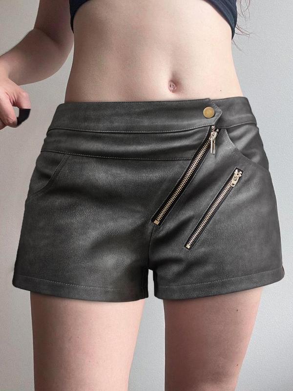 Women's Solid Color Button Fly Pocket PU Shorts, Fashion Casual Zipper Shorts for Daily Outdoor Wear, Ladies Bottoms for Summer