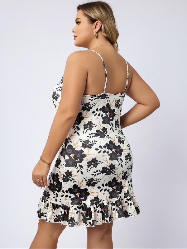  All Over Print Ruffle Hem Cami Nightdress, Casual Soft Comfortable Spaghetti Strap Nightgown for Women, Women's Sleepwear for All Seasons