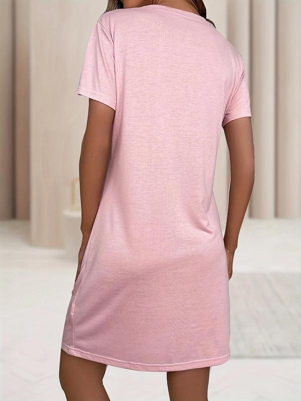 Plus Size Heart Print Round Neck Nightdress, Casual Soft Comfortable Short Sleeve Nightgown for Women, Women's Sleepwear for All Seasons