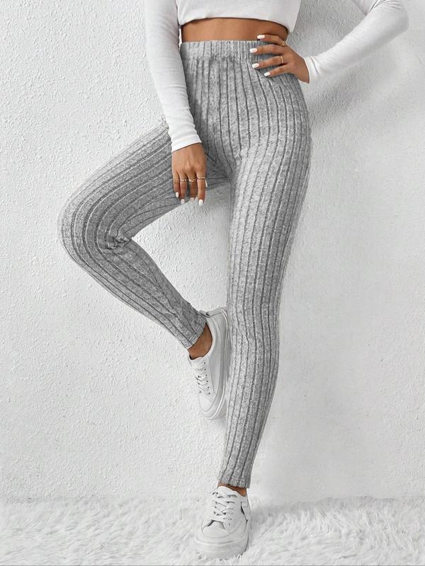 Women's Plain High Waist Ribbed Leggings, Casual Comfy Skinny Pants for Daily Wear, Ladies Bottoms for All Seasons