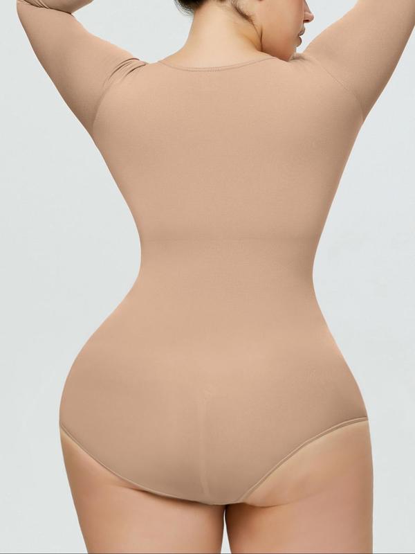 Women's Minimalist Solid Scoop Neck Bodysuit, Casual Long Sleeve Seamless Bodysuit for Daily Wear, Women's Shapewear for Spring & Fall