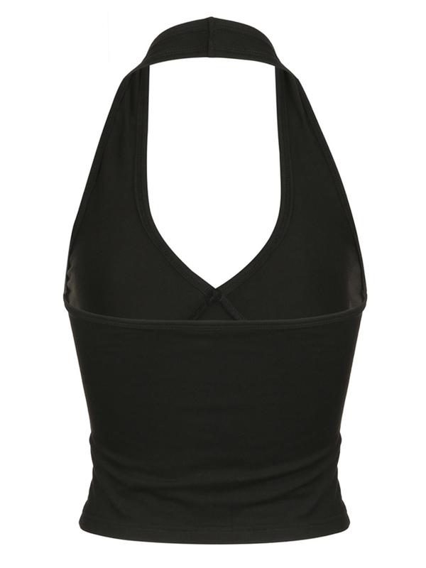 Women's Solid Backless Halter Crop Tank Top, Boho Deep V Neck Sleeveless Top for Summer,  Cute Crop Tops, Back To School Outfits, Ladies Clothes for Daily Wear, Tank Tops for Women, Summer Outfits 2024, Crop Tops