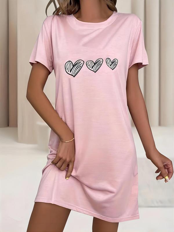 Plus Size Heart Print Round Neck Nightdress, Casual Soft Comfortable Short Sleeve Nightgown for Women, Women's Sleepwear for All Seasons