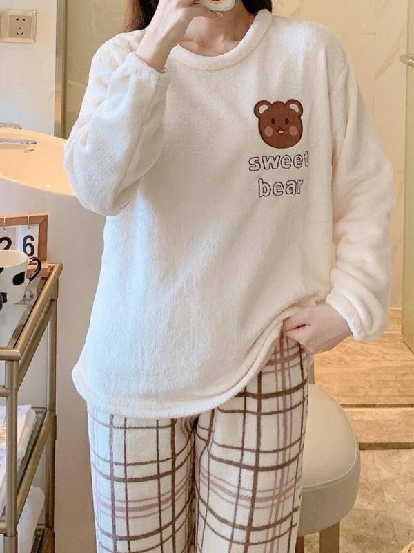 Two-Piece Set Women's Flannel Loungewear Set, Cute Cartoon Bear Embroideried Top & Plaid Print Pants, Kawaii Pyjama Set for Women