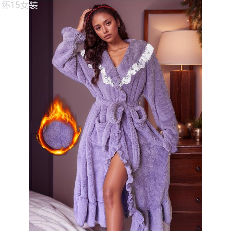 Elegant Solid Lace Trim Fleece Thickened Night Robe For Fall & Winter, Flounce Sleeve Shawl Collar Ruffle Hem Robe With Belt, Women's Sleepwear & Dresses Fabric Womenswear bridal robes Gowns bridal robes Loungewear