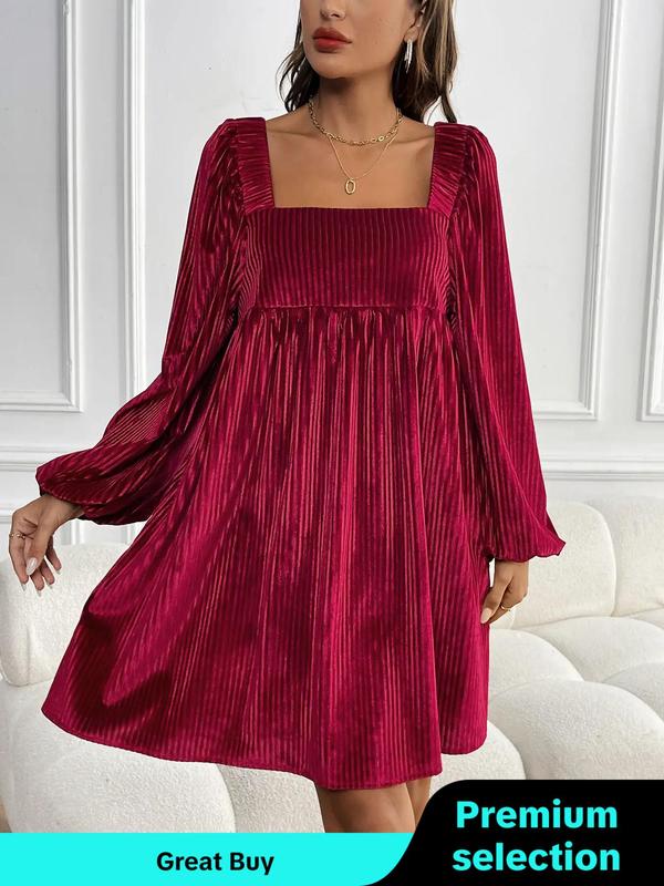 Women's Textured Backless Velvet Smock Dress, Elegant Bishop Sleeve Tie Back Square Neck Short Dress for Party Holiday Wedding Guest, Ladies Spring & Fall Clothes
