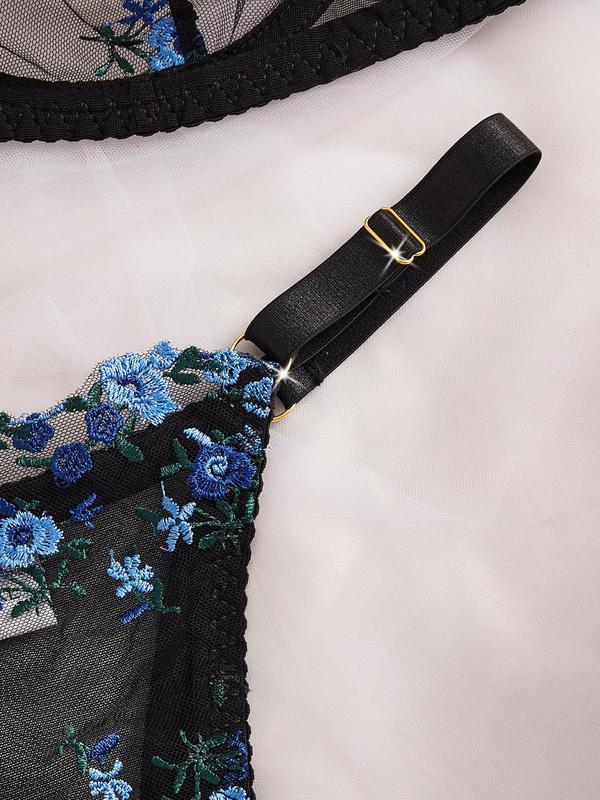  Ditsy Floral Embroidery Sheer Lingerie Two-Piece Set, Adjustable Strap Push Up Bra & Thong Set, Women's Lingerie Set for All Seasons