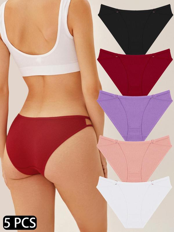 Women's 5pcs Plain O-ring Linked Cut Out Knickers, Casual Soft Comfy Breathable Panties for Daily Wear, Women's Underwear for All Seasons