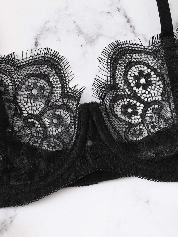 Women's 2pcs Solid Floral Lace Sheer Lingerie Set, Sexy Elegant Adjustable Spaghetti Strap Bra & Knot Side Panty Underwear Set, Ladies Lingerie Set for All Seasons