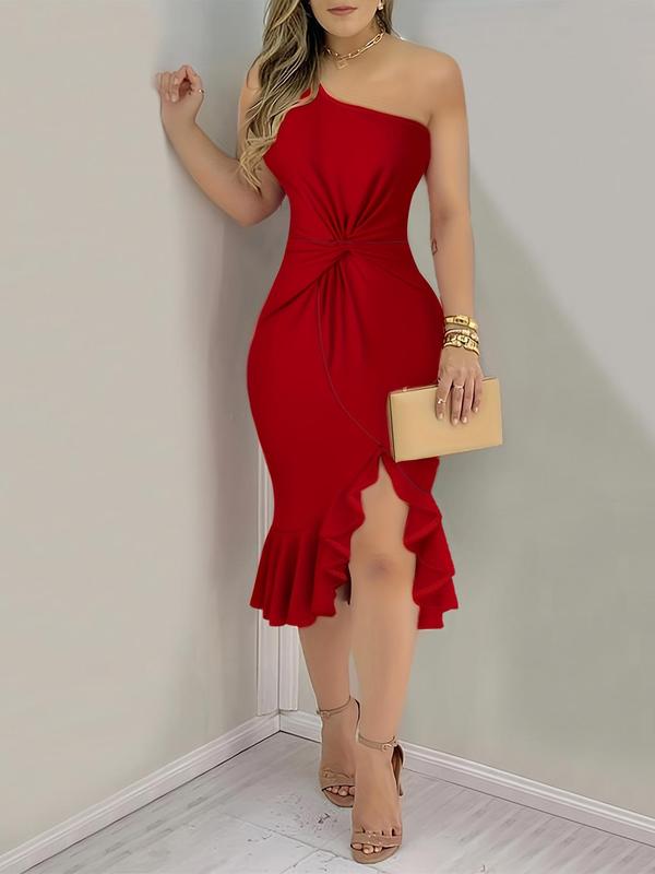 Women's Plain Twist One Shoulder Bodycon Dress, Elegant Asymmetrical Hem Midi Dress for Party Club Dating Wear, Ladies Clothes for All Seasons
